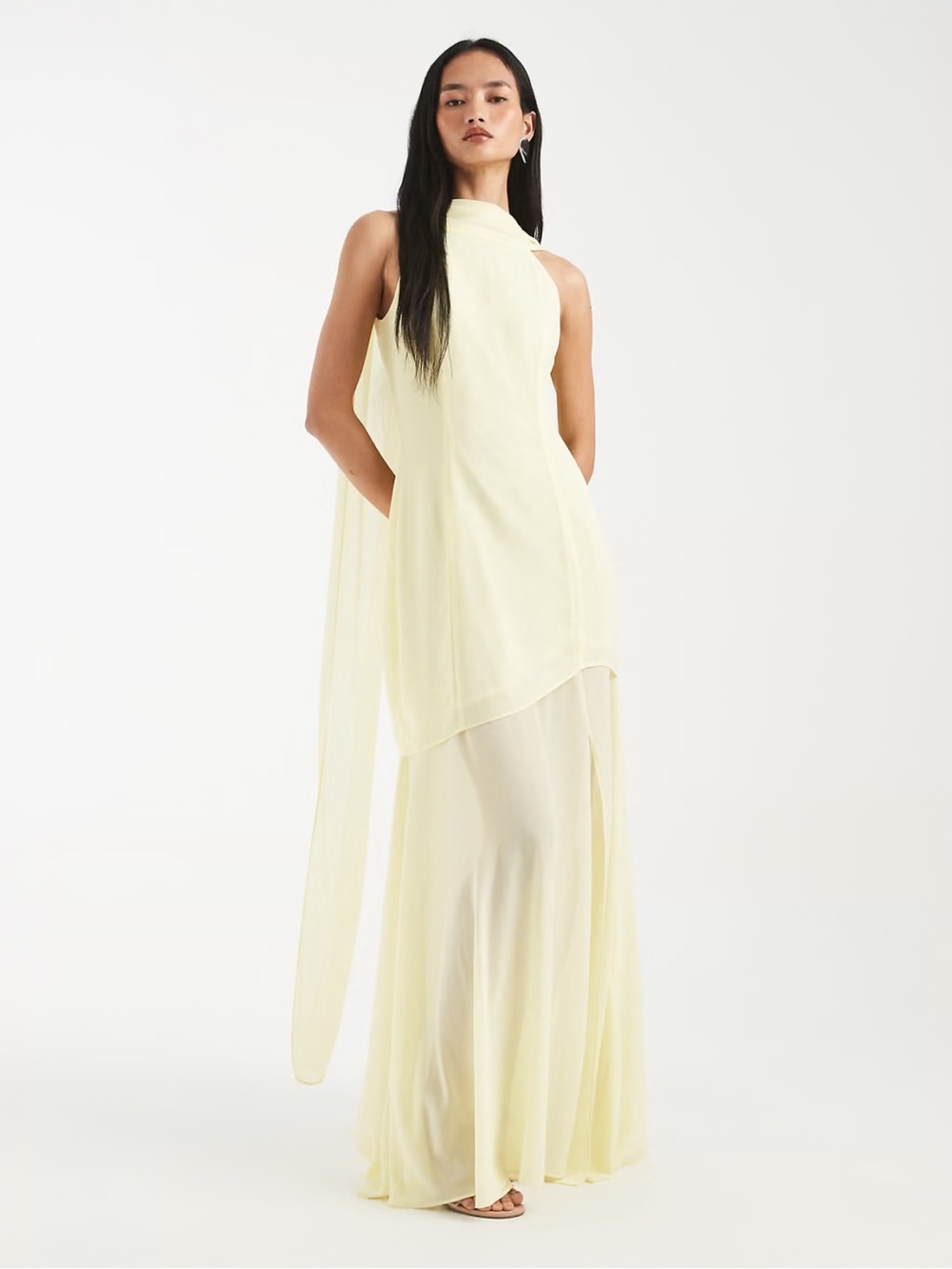 ASOS chiffon sheer scarf detail maxi dress with sheer skirt in butter lemon